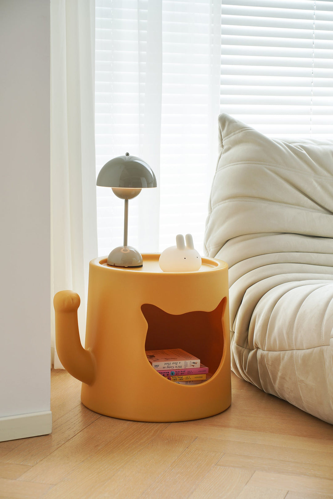 Pet-friendly orange side table with cat-inspired design, styled for Singapore homes, HDB flats, condos, and cosy living rooms.
