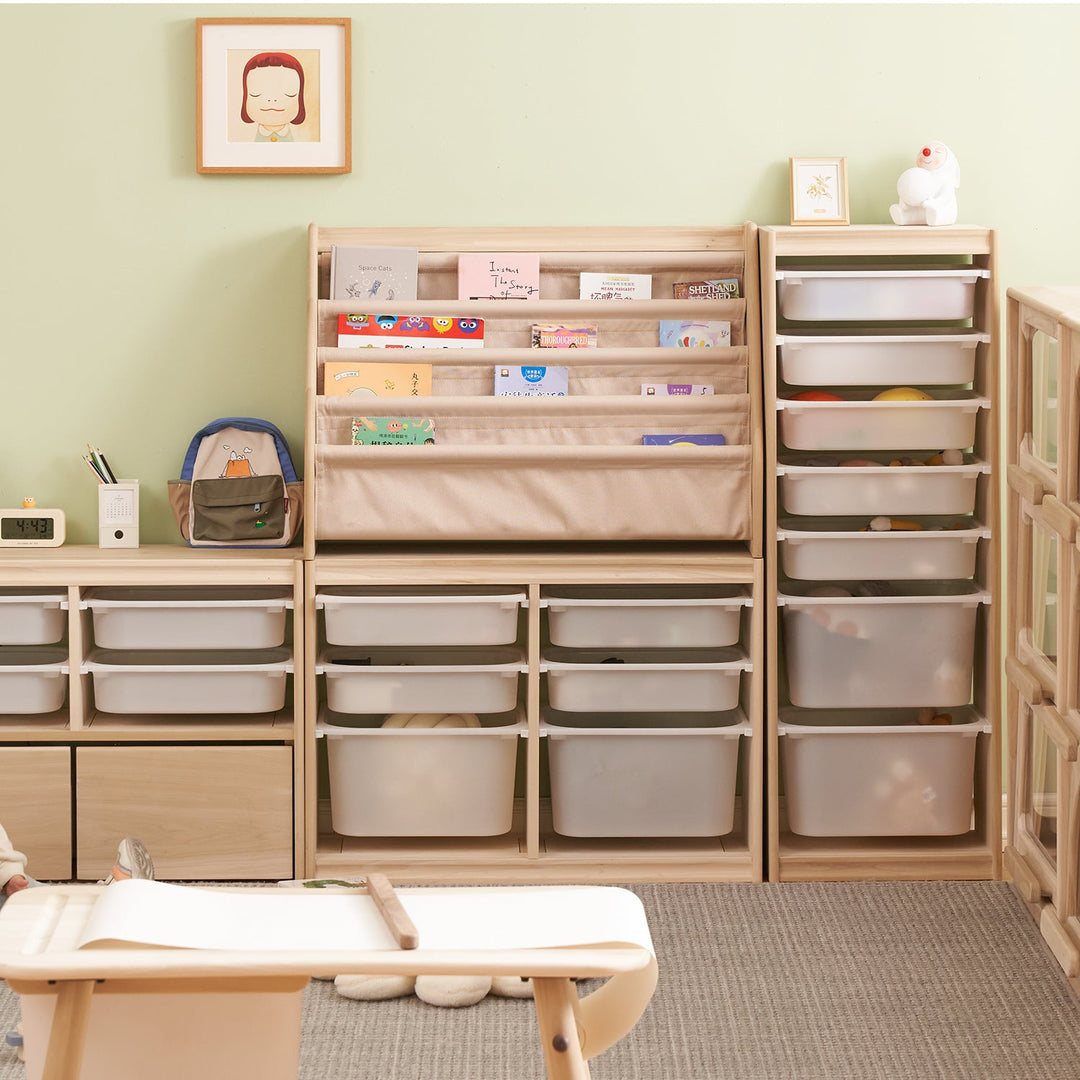 Plastic chest of drawers with multiple compartments, ideal for storing toys, books, and essentials, featuring a compact design perfect for organizing kids' rooms.