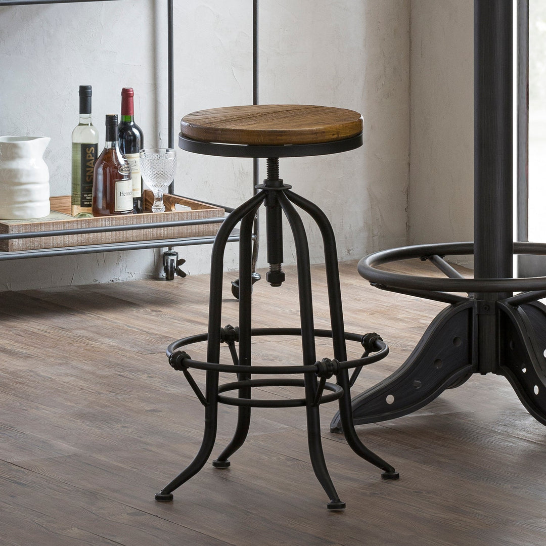 Loft Home Revolving Chairs Collection - Industrial-style adjustable bar stool with a solid wood seat and black metal frame, perfect for modern bar and kitchen setups