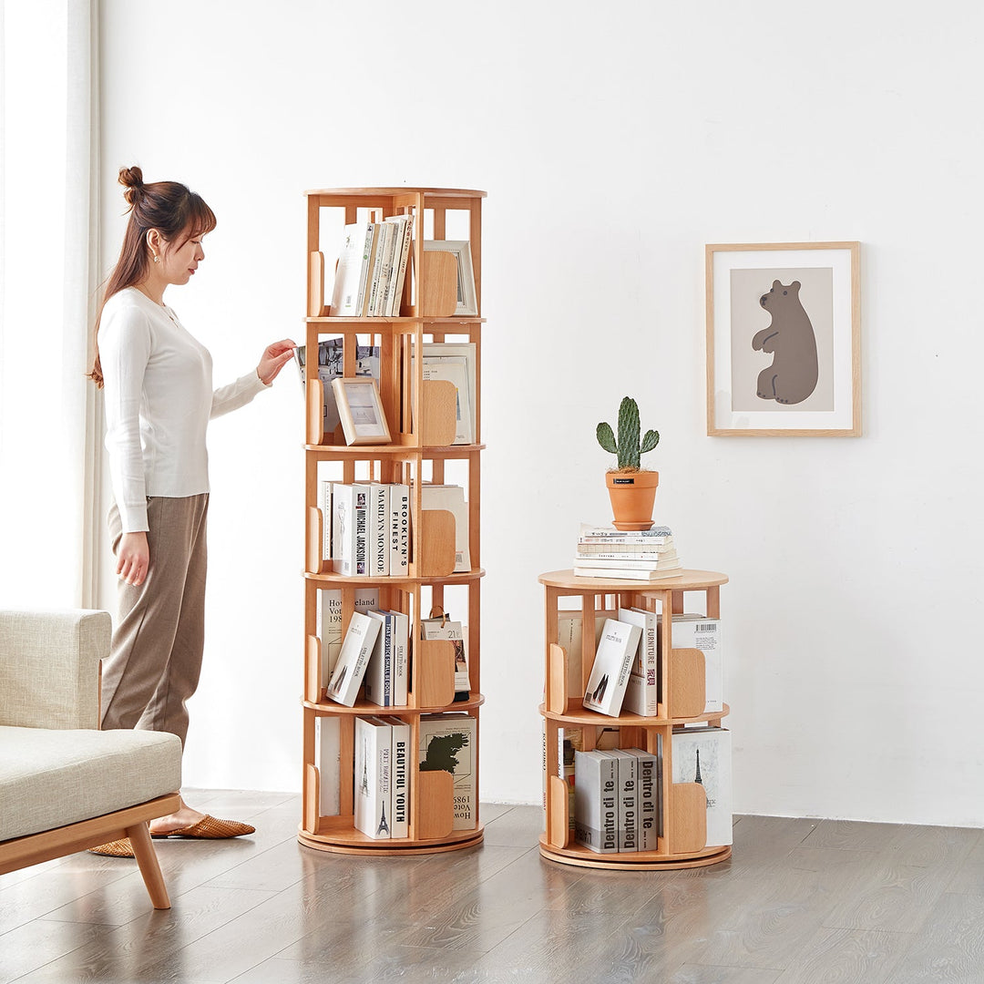 Loft Home Revolving Storages Collection featuring sleek wooden rotating bookshelves, styled with minimal decor, enhancing versatile and space-saving organization.