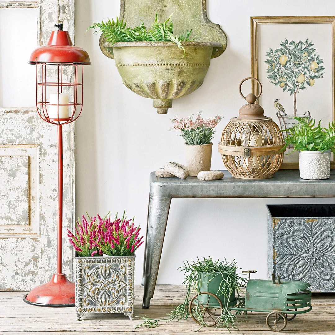 Loft Home Rustic Style Collection - vintage decor with metal table, red lantern, and rustic planters