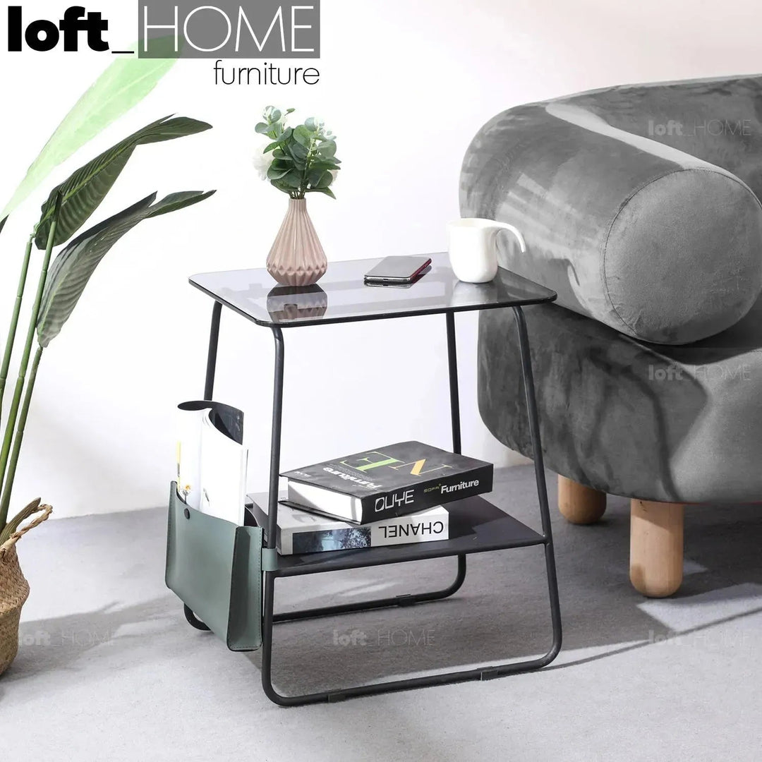 Industrial glass top side table vena primary product view.