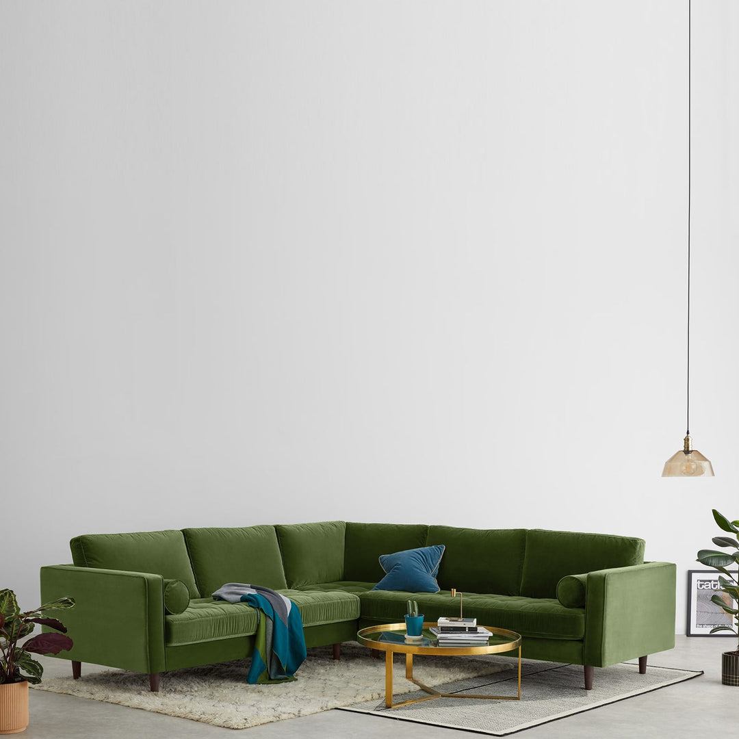 Loft Home Scandinavian L-Shape Sofa in green velvet, offering minimalist Nordic design, part of Scandinavian L-Shape Sofas collection, elevating modern living room aesthetics.