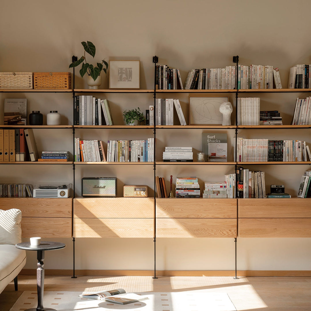 Loft Home Shelf Storages collection, minimalist wall-mounted shelves with wooden drawers, perfect for stylish book and decor organization.