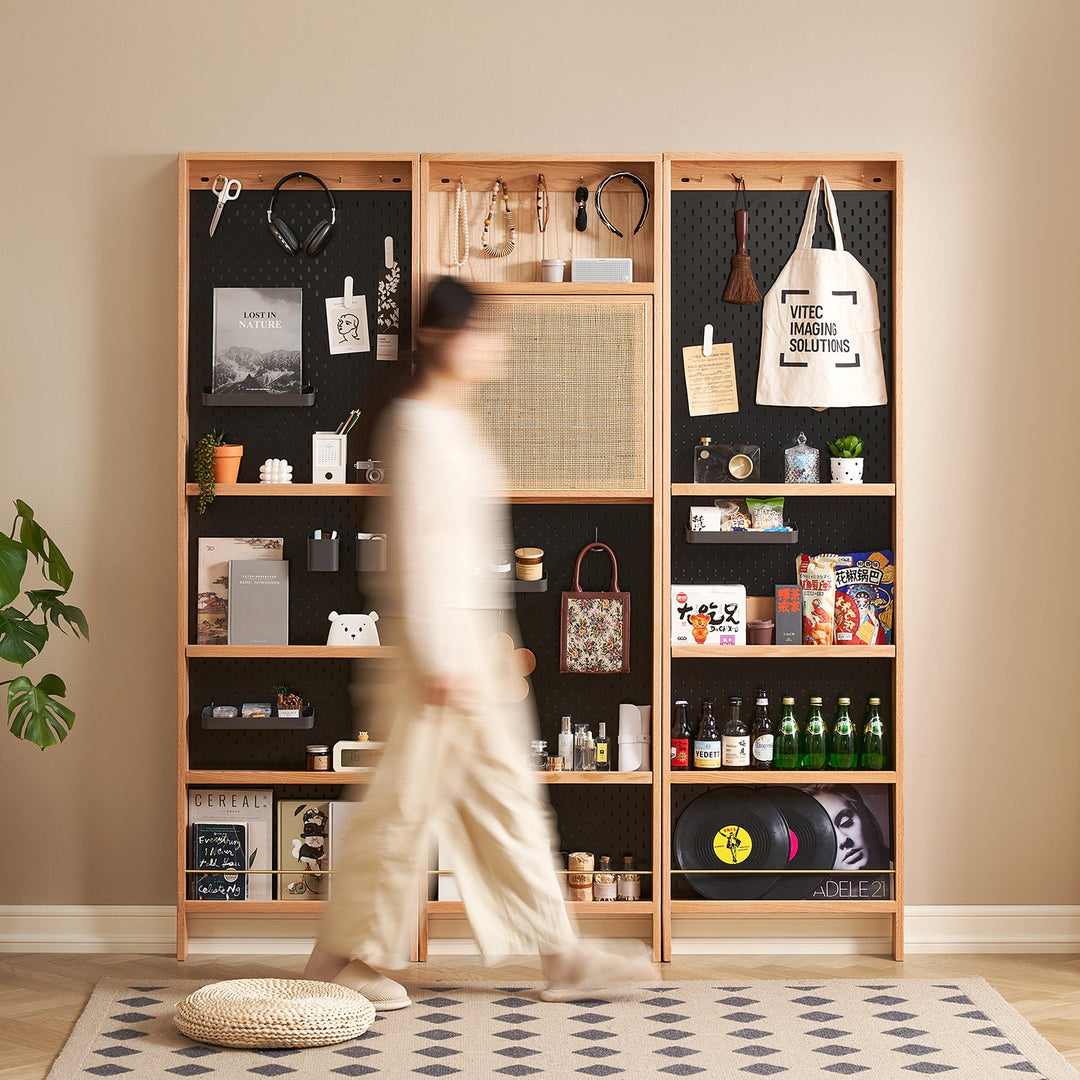 Versatile wooden shelves with integrated black pegboard panels, featuring adjustable hooks and compartments for organizing accessories, decor, and essentials, combining style and utility.