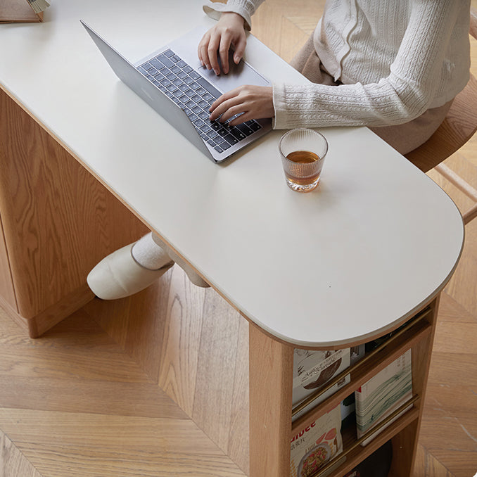 Scandinavian-style oak wood bar table with an extendable design and integrated storage shelves, offering a versatile and compact solution for dining or workspaces.