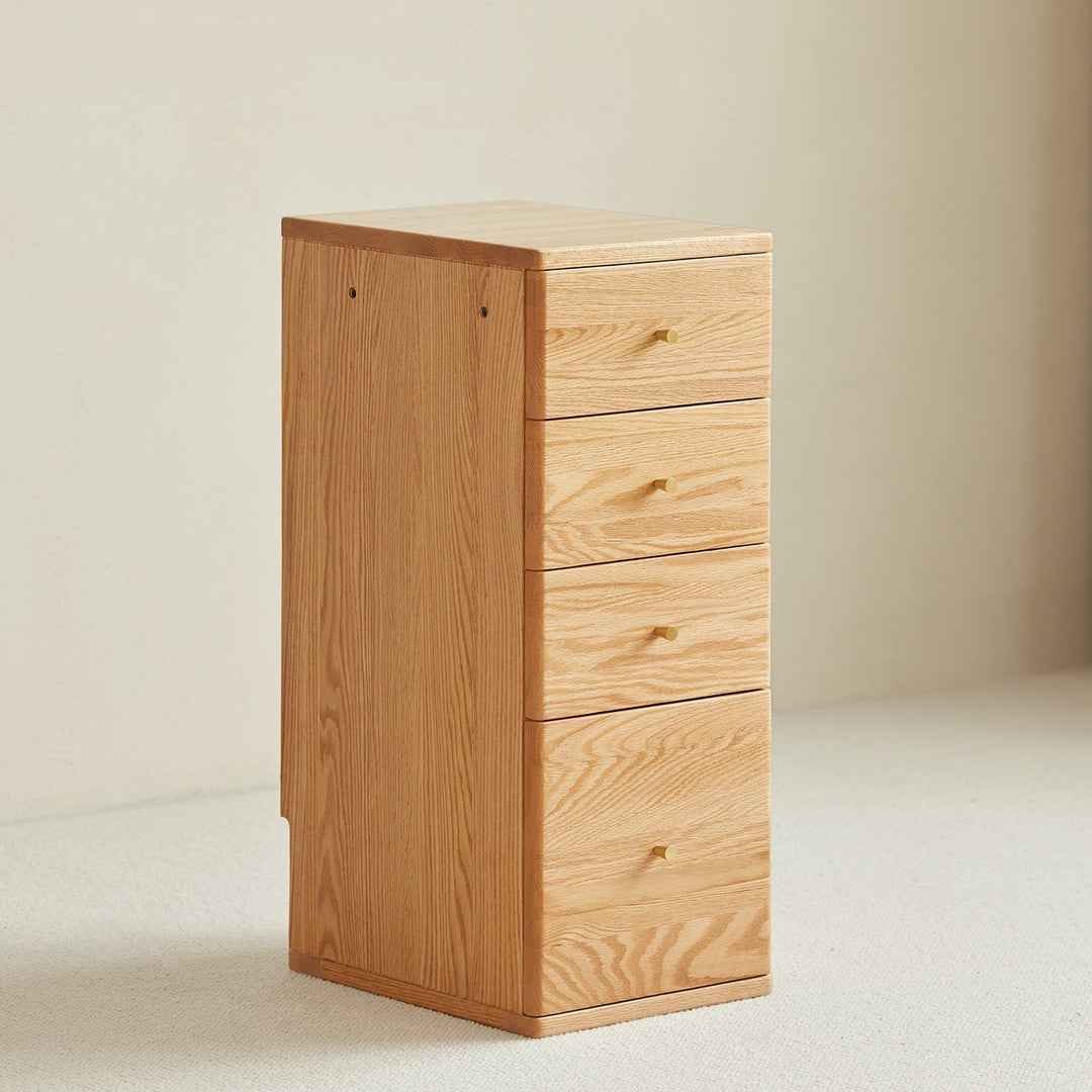 Compact wooden chest of drawers with four tiers, showcasing a minimalist design ideal for small spaces and efficient storage solutions.