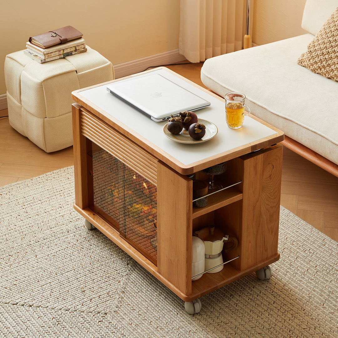 Compact wooden coffee table on wheels, featuring a multi-functional design with storage shelves and a sleek tabletop, perfect for cozy living areas.