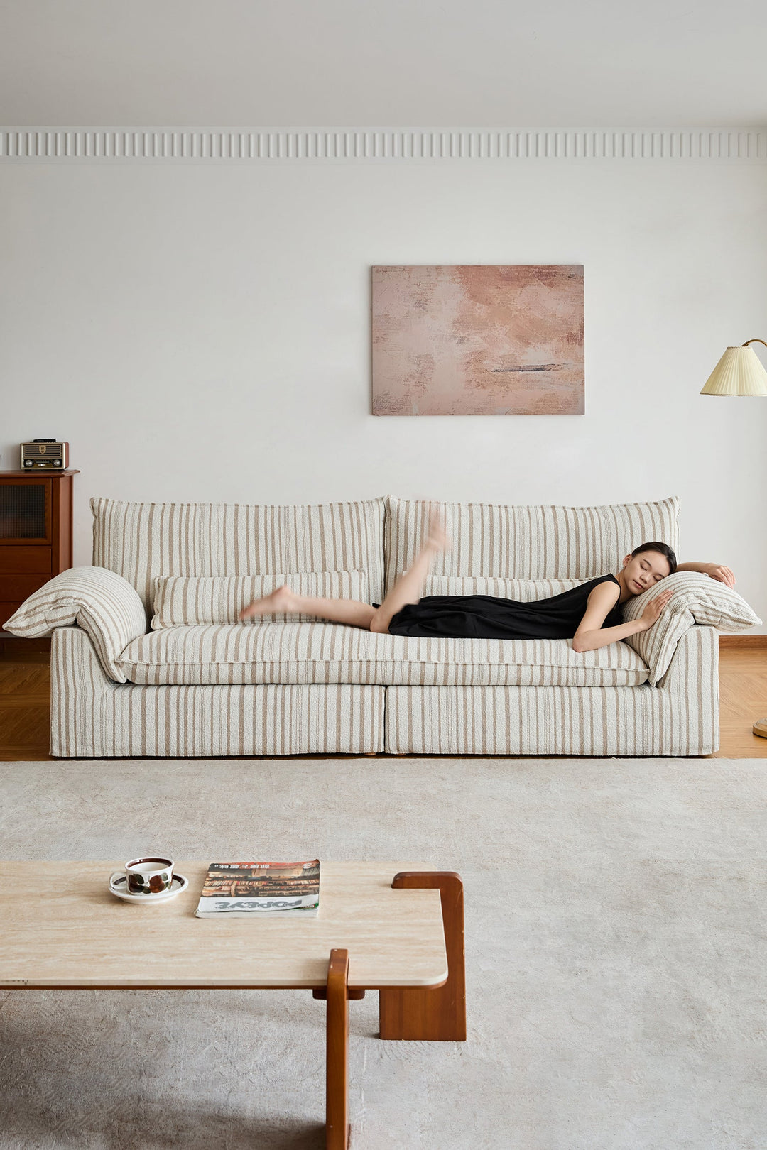 Long striped fabric sofa for Singapore living rooms, designed for full-length lounging in HDB flats, condos, and family homes.