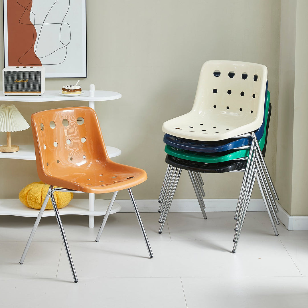 Loft Home Stackable Chairs Collection - Modern stackable plastic chairs with vibrant colors and chrome legs, perfect for versatile seating solutions in small spaces