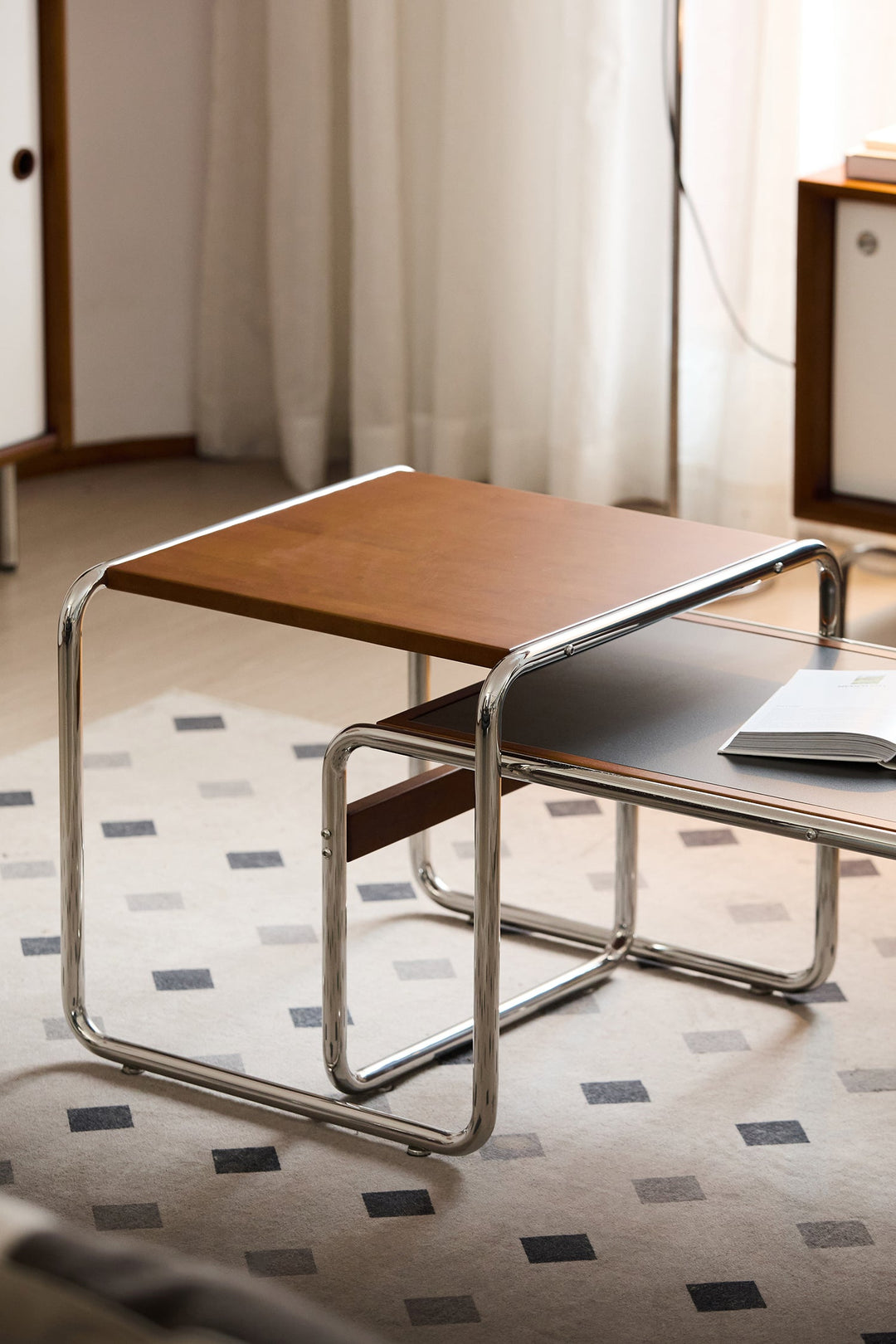 Stackable wooden tables with chrome frame, designed for flexible living rooms, HDB flats, condos, and compact Singapore homes.