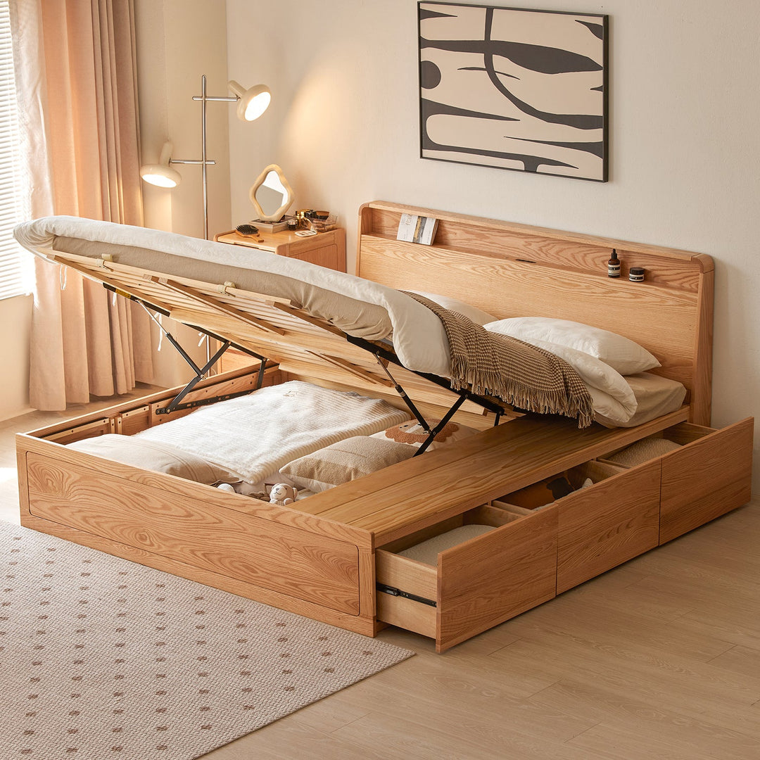 Wooden storage bed with lift-up mattress and side drawers, offering smart storage solutions for a cozy and organized bedroom.