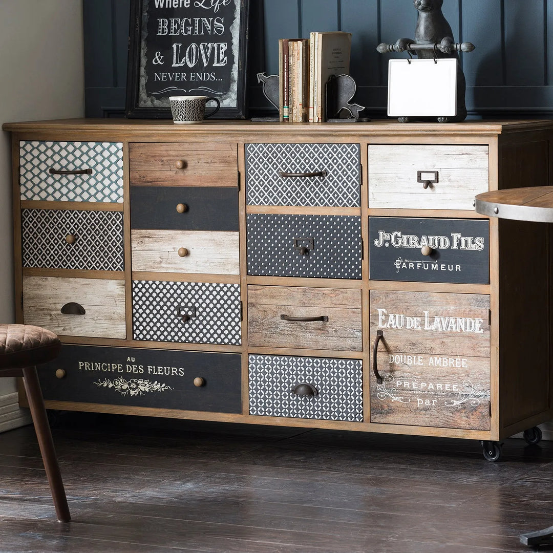 Vintage-inspired wooden storage cabinet with various drawer designs and prints, ideal for organizing and decor, linking to Loft Home's storage by type collection.