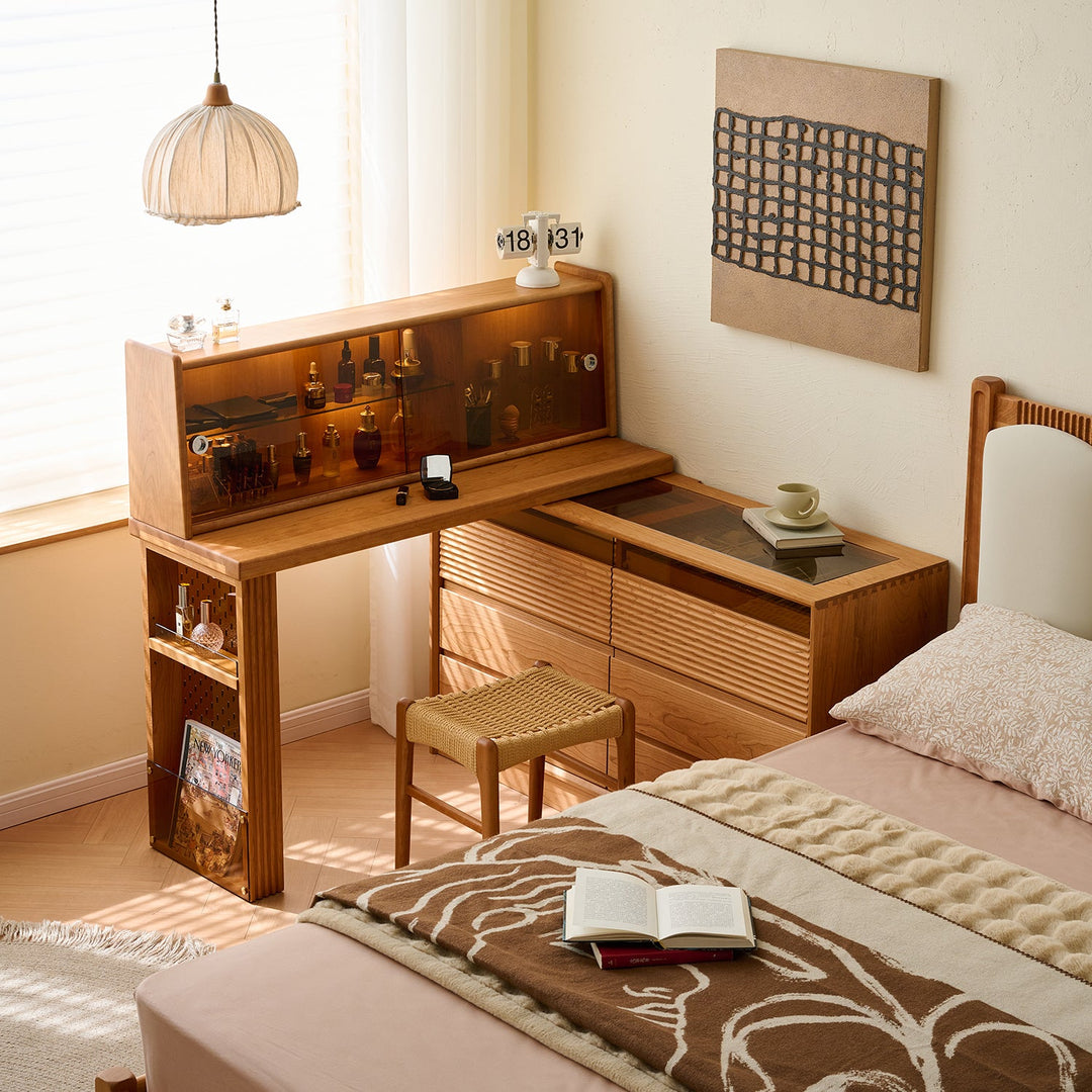 Loft Home wooden storage table from the Storage Tables collection, featuring glass shelves and sleek design, ideal for compact bedrooms and organized spaces.