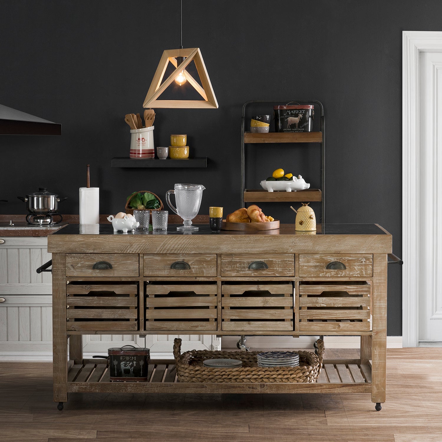 Loft Home rustic kitchen island with wooden crate storage and industrial accents, blending style and functionality for kitchen organization.