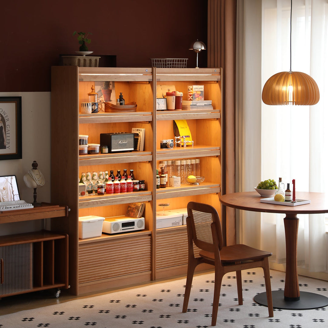 Loft Home storage with LED lighting, warm wood finish, and spacious shelves, perfect for organizing and illuminating modern living spaces.