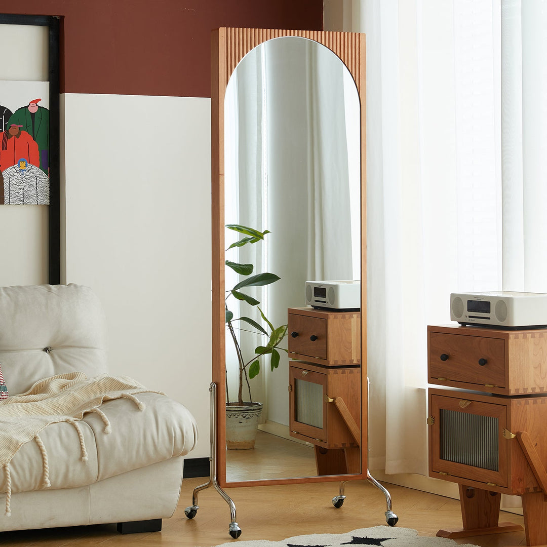 Loft Home Storage with Mirror Collection, featuring a full-length wooden frame mirror with wheels, combining functionality and elegance for modern interiors.