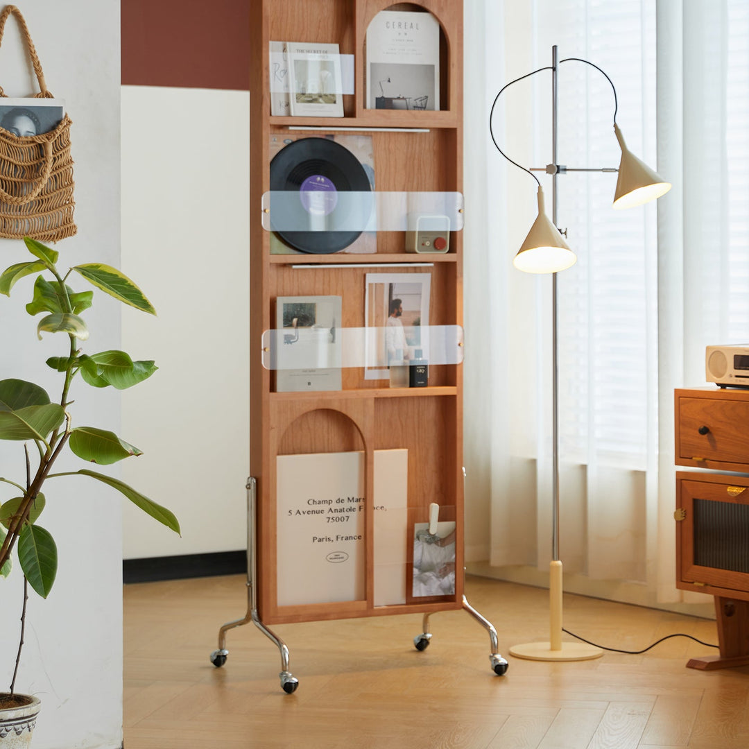 Loft Home storage unit on wheels, sleek wood design with transparent accents, ideal for versatile and mobile organization in modern spaces.