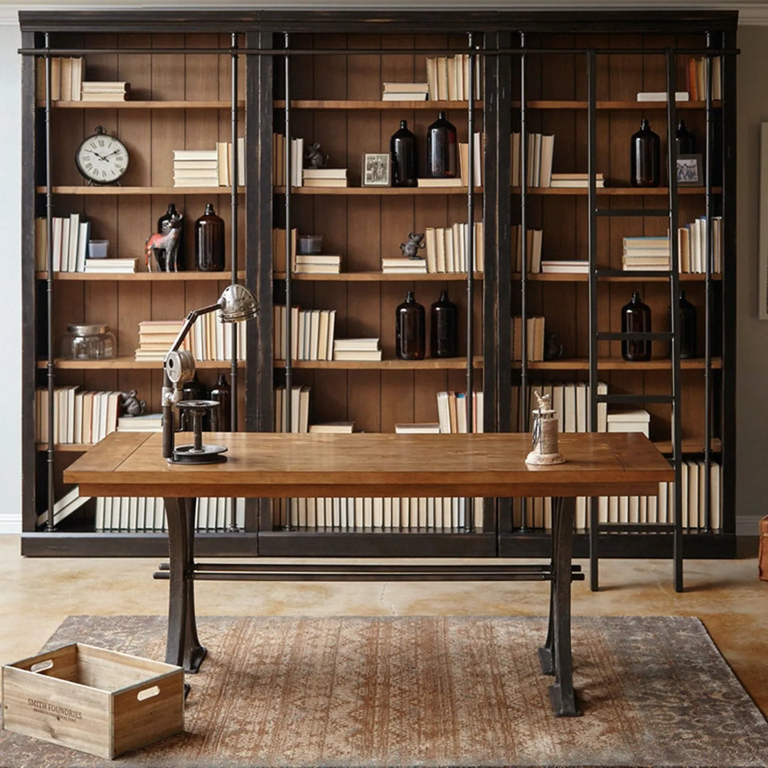 Modern study desk setup with wooden furniture, monitor, and cozy decor, designed for comfortable remote work or study in a home office.