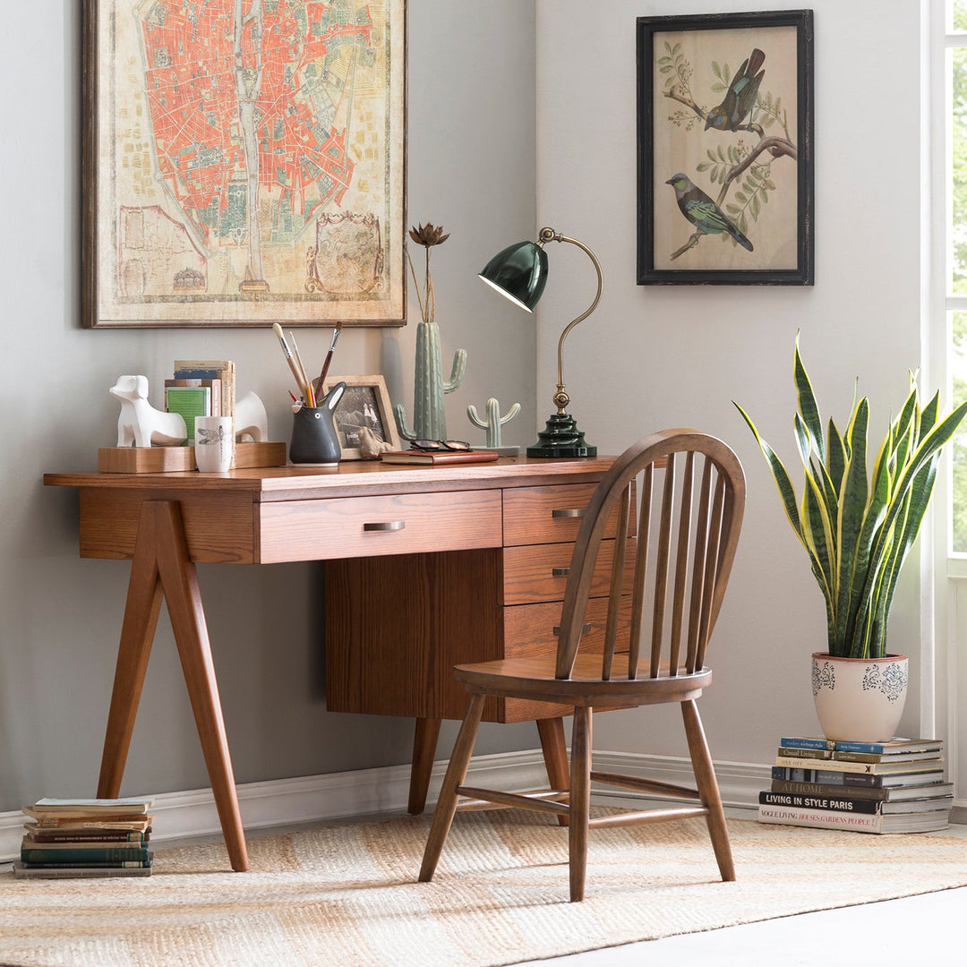 Loft Home Study Room Storages Collection featuring a wooden desk with sleek drawers and matching chair, styled with vintage decor for a cozy workspace.