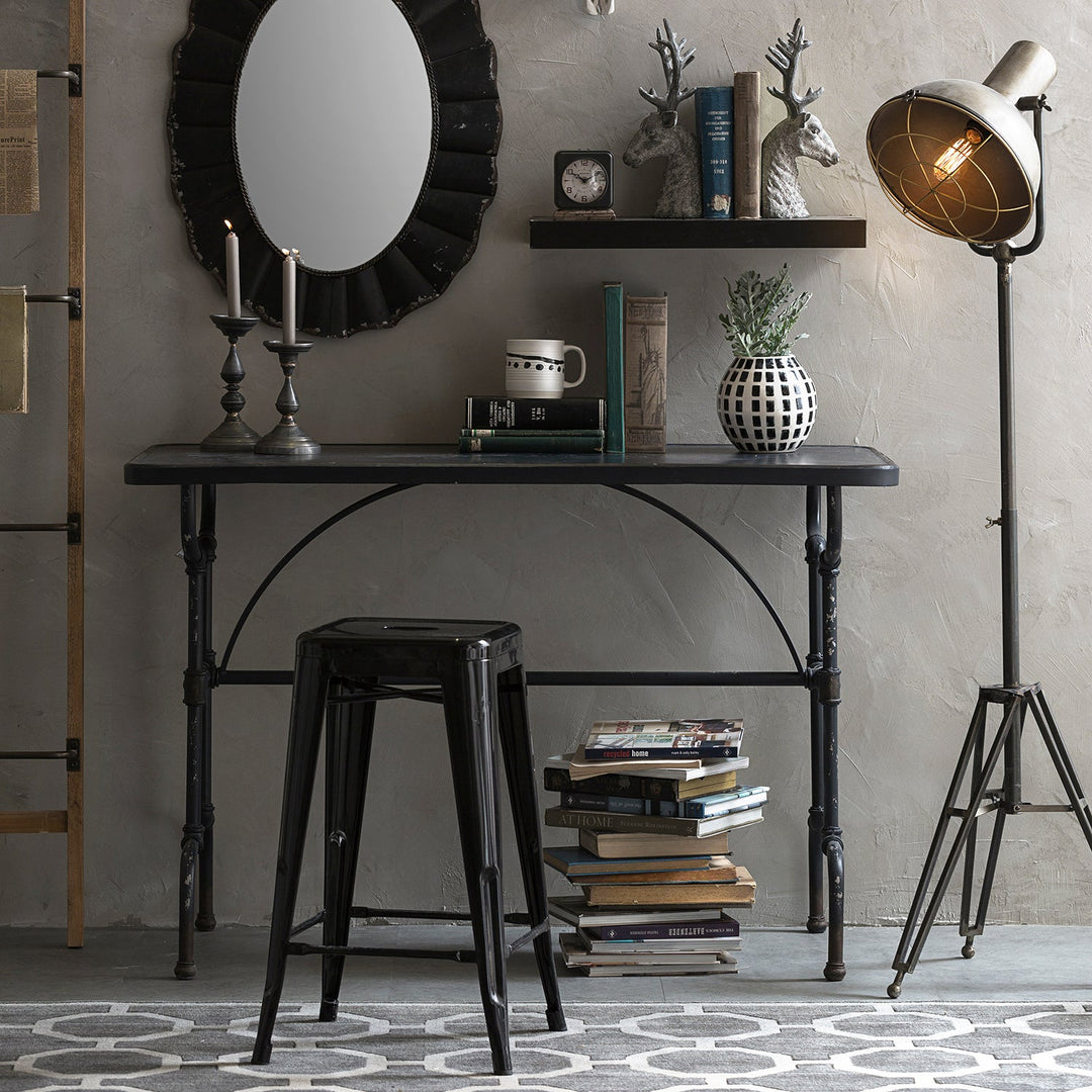 Loft Home Study Room Tables Collection - Industrial-style black study table with matching stool, books, and decorative accents, perfect for modern home office setups