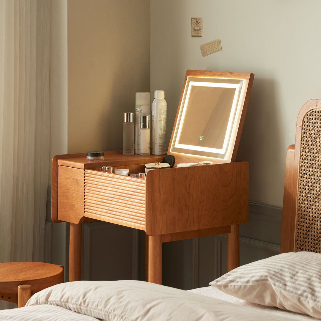 Loft Home wooden vanity table with built-in LED mirror and sleek storage compartments, styled in a cozy bedroom setting, ideal for modern beauty organization.