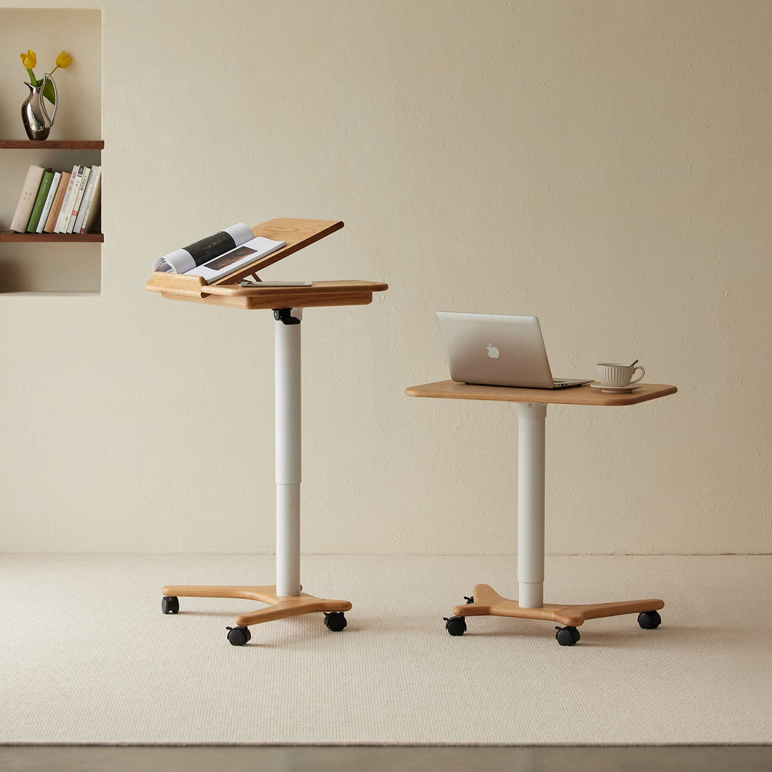 Loft Home Tables with Wheels Collection - Adjustable mobile tables with natural wood tops and white bases, featuring rolling wheels for flexible use in home offices or study spaces