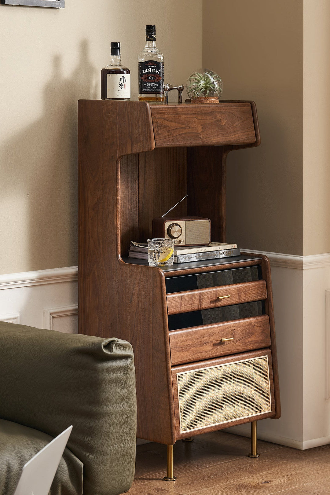 Wabi-sabi premium wooden storage cabinet with drawers and open shelf, warm natural tones adding functional elegance to modern Singapore living spaces.