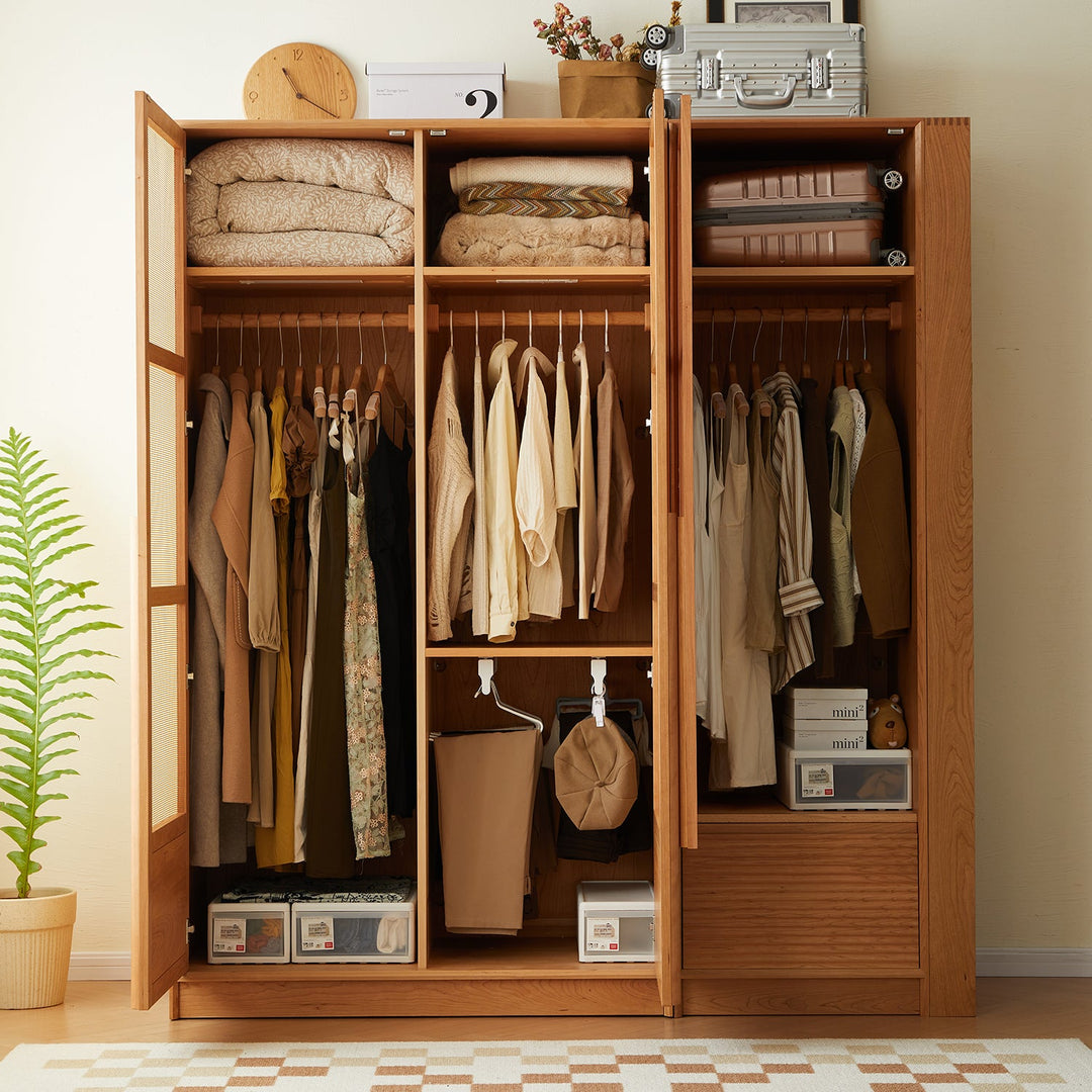 Wooden wardrobe with shelves and hanging sections, offering versatile storage for clothes, bedding, and accessories, ideal for maximizing bedroom organization.