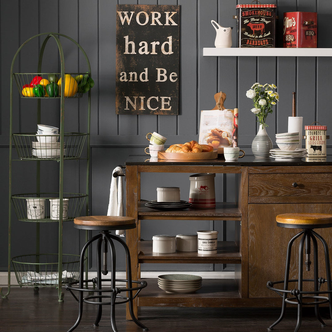 Rustic wooden bar table with open shelving, paired with industrial-style stools, creating a charming farmhouse kitchen atmosphere.