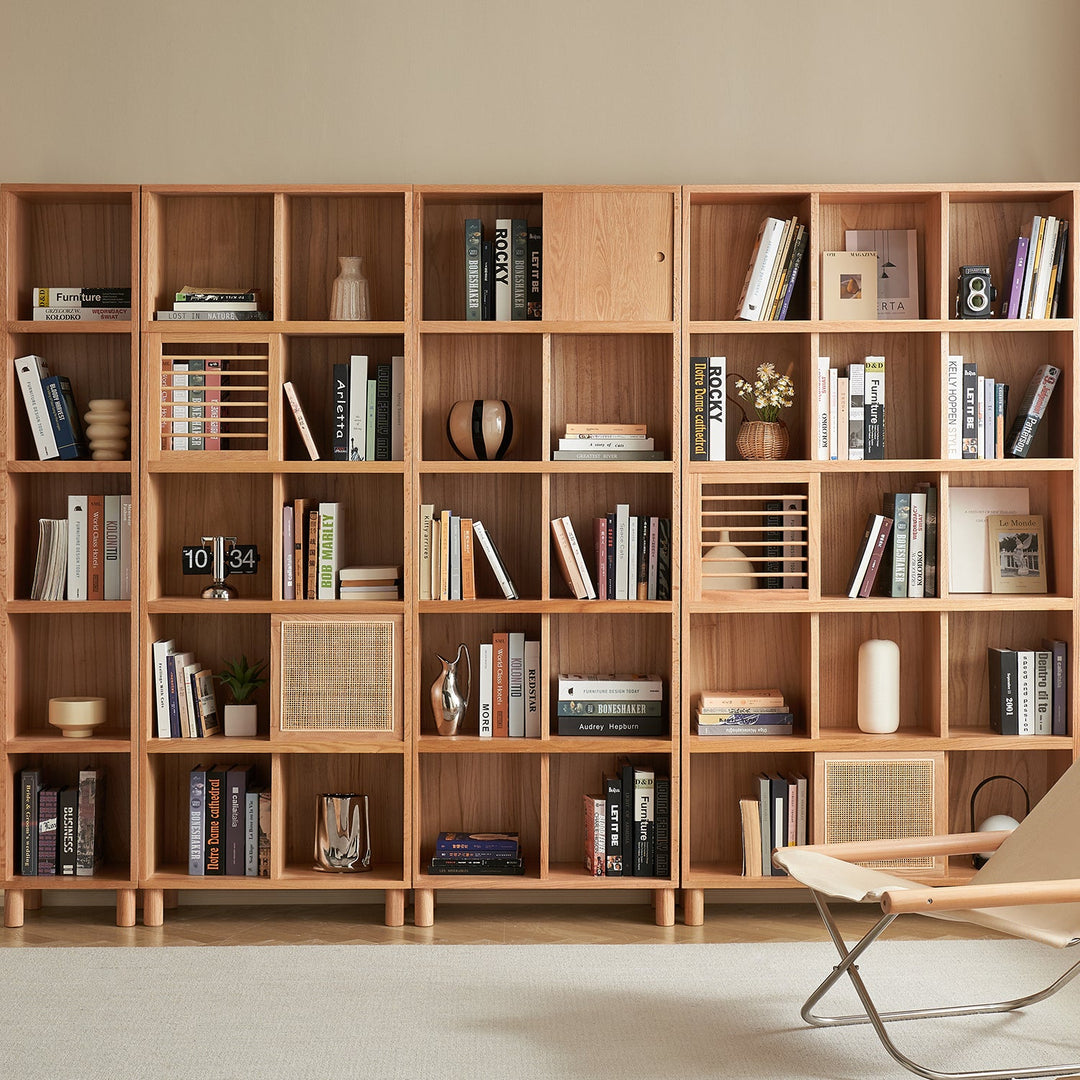 Loft Home wooden storage shelves with a modular design, styled with books, decor pieces, and natural accents, enhancing functional and elegant home organization.