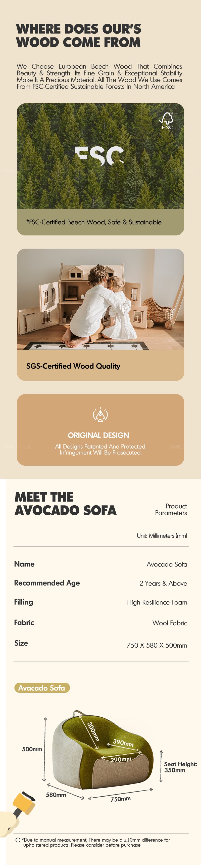 Bauhaus Wool Fabric Kids 1 Seater Sofa AVOCADO Good to Know - 5