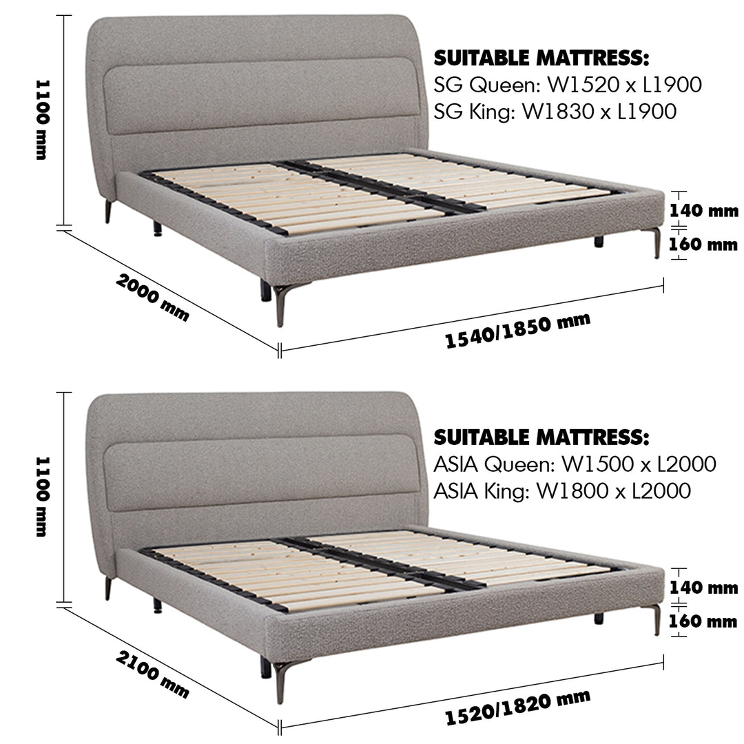 Modern Fabric Bed BONNIE Size Chart