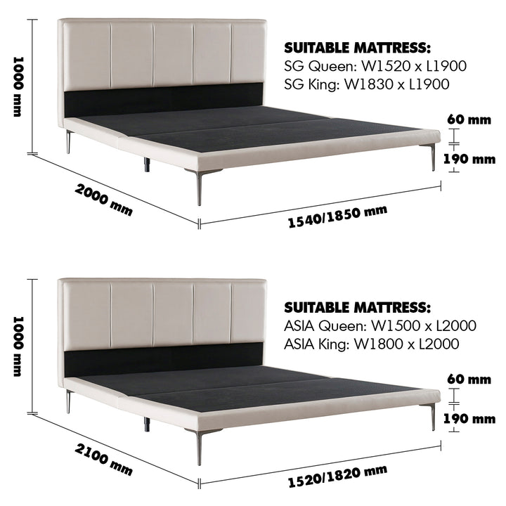 Modern Microfiber Leather Bed LINCOLN Size Chart
