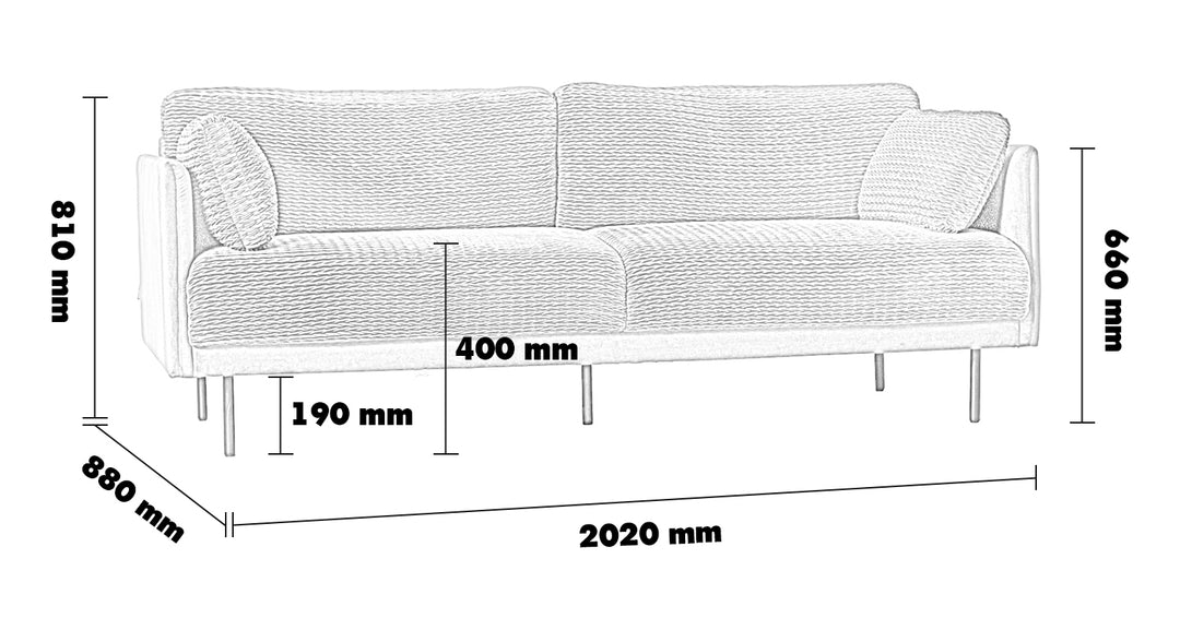 Modern Microfiber Leather 3 Seater Sofa MIRO Size Chart