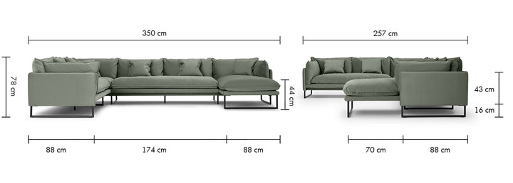 Modern Velvet L shape Sofa MALINI Sage Green 3+3+L Size Chart