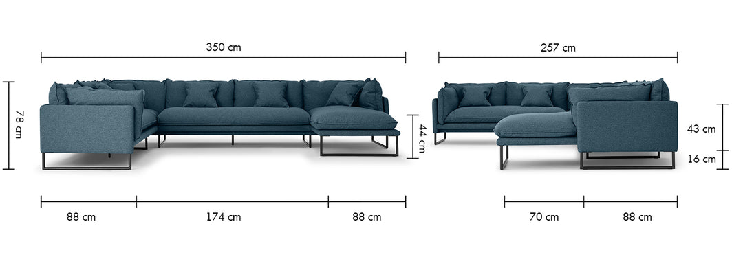 Modern Fabric L Shape Sofa MALINI 3+3+L Size Chart