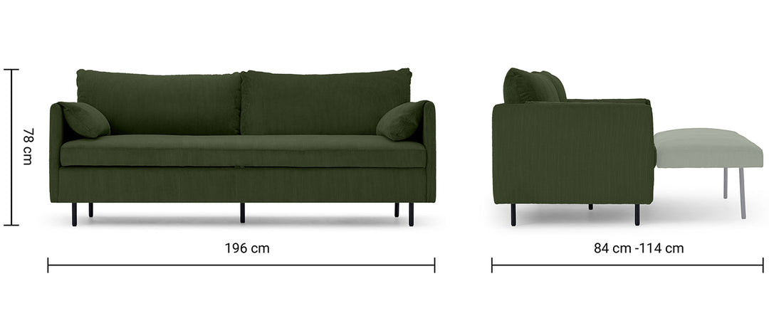 Modern Velvet Sofa Bed HITOMI Size Chart