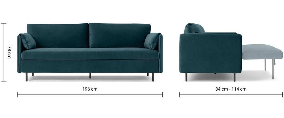 Modern Velvet Sofa Bed HITOMI STEEL BLUE Size Chart