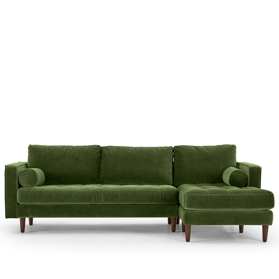 Modern velvet l shape sectional sofa scott 2+l in white background.