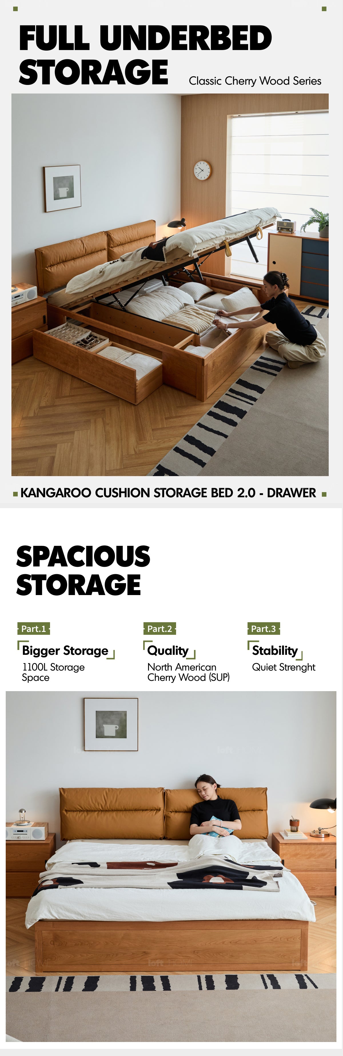 Scandinavian Cherry Wood Cushion Lift-Up Storage Bed With Drawer KANGAROO Good to Know - 1