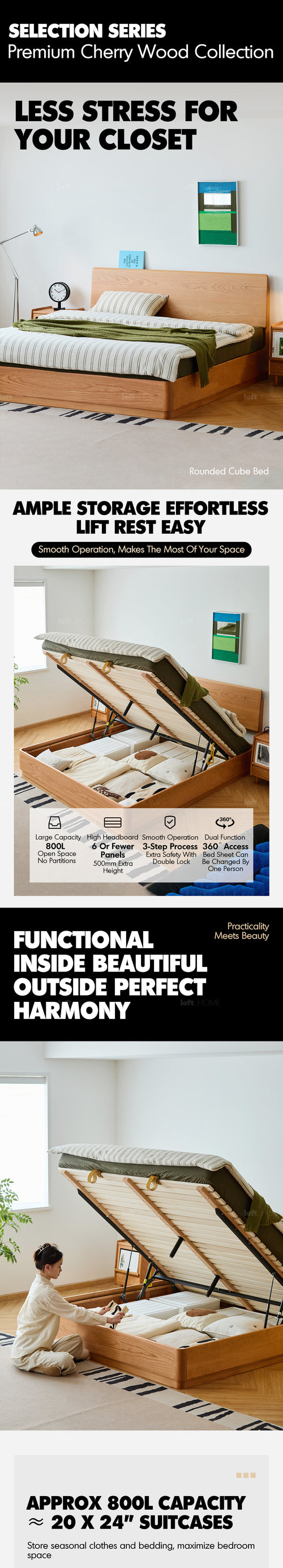 Scandinavian Cherry Wood Lift-Up Storage Bed SQUARE BOX Good to Know Preview-1