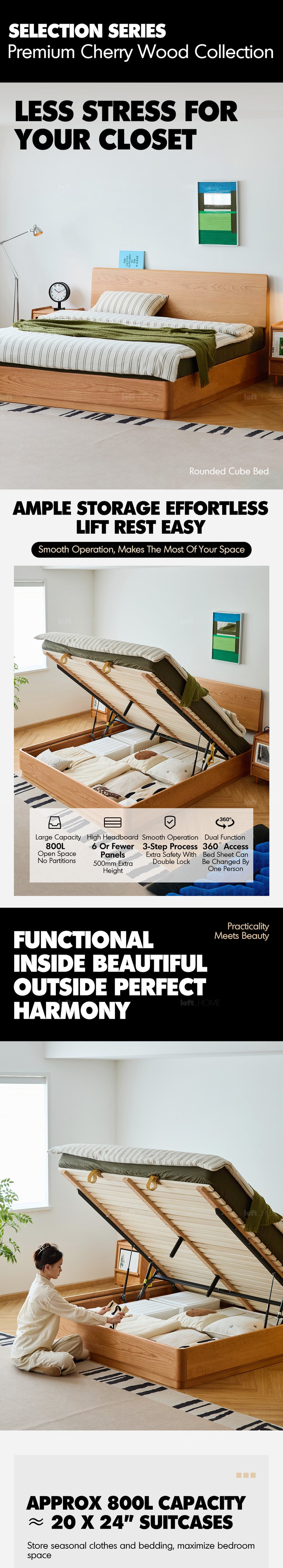 Scandinavian Cherry Wood Lift-Up Storage Bed SQUARE BOX More Details and Instruction