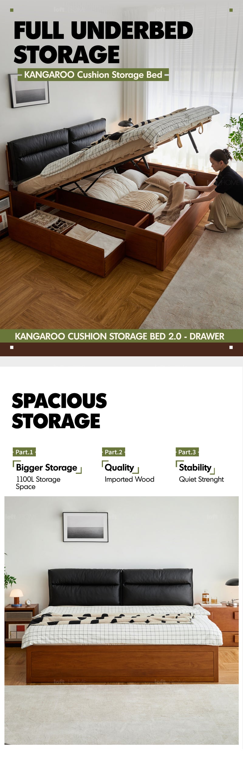 Vintage Boxwood Cushion Lift-Up Storage Bed With Drawer KANGAROO More Details and Instruction