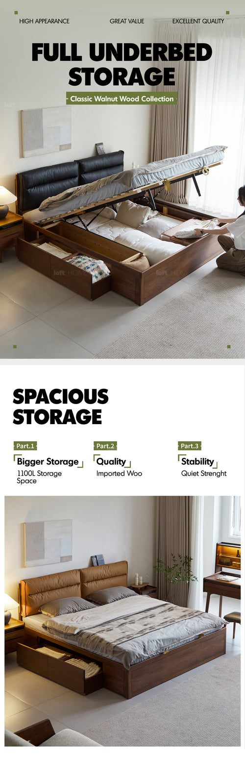 Japandi Walnut Wood Cushion Lift-Up Storage Bed With Drawer KANGAROO Good to Know Preview-1