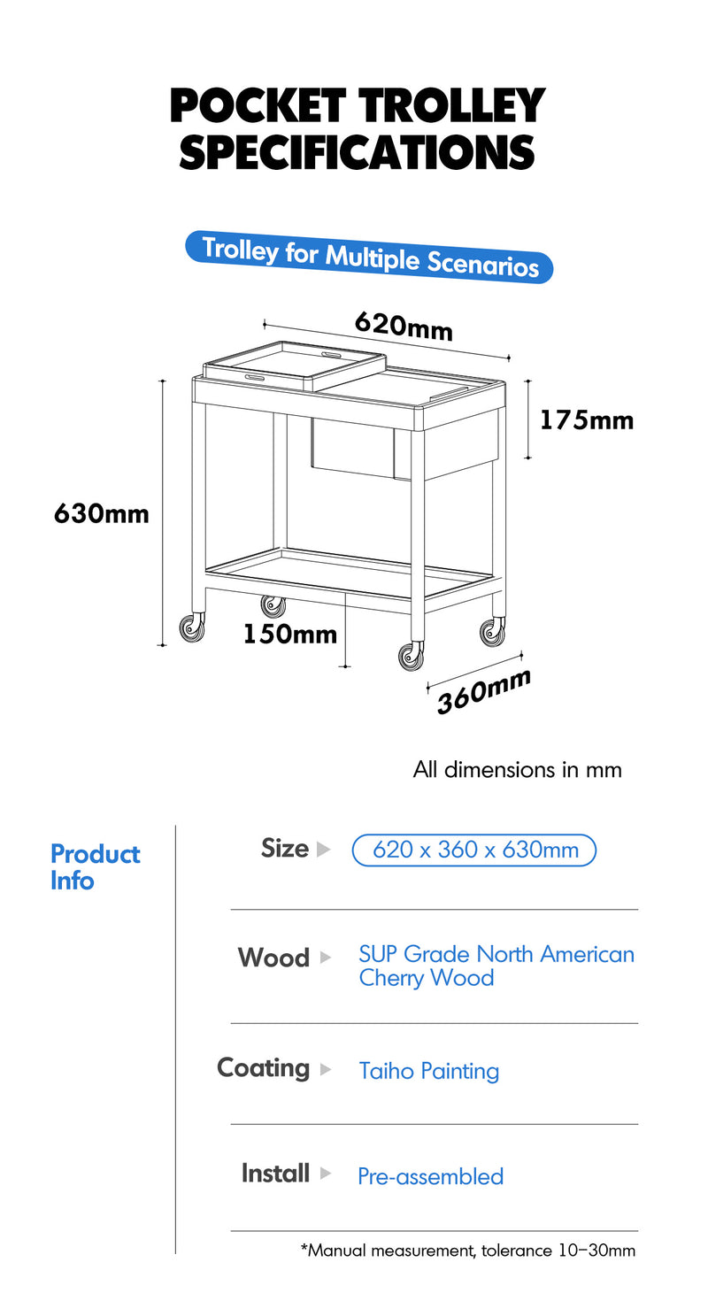 Scandinavian Cherry Wood Wheeled Trolley Side Table POCKET Good to Know - 11