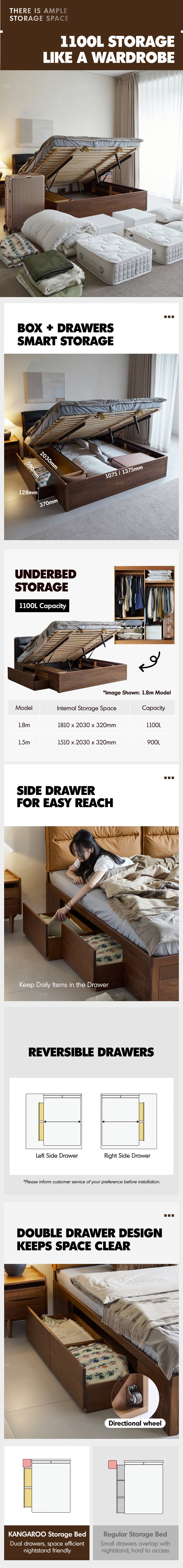 Japandi Walnut Wood Cushion Lift-Up Storage Bed With Drawer KANGAROO Good to Know - 2