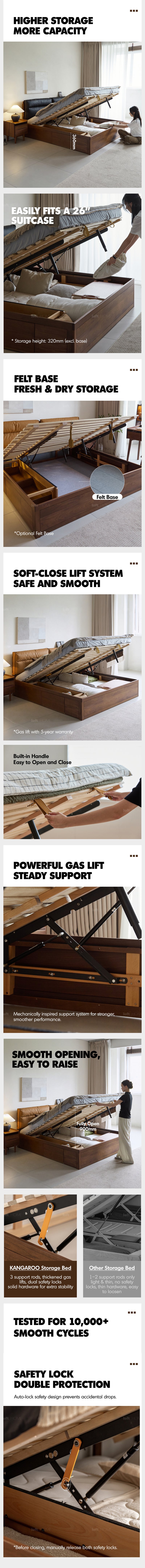 Japandi Walnut Wood Cushion Lift-Up Storage Bed With Drawer KANGAROO Good to Know - 3
