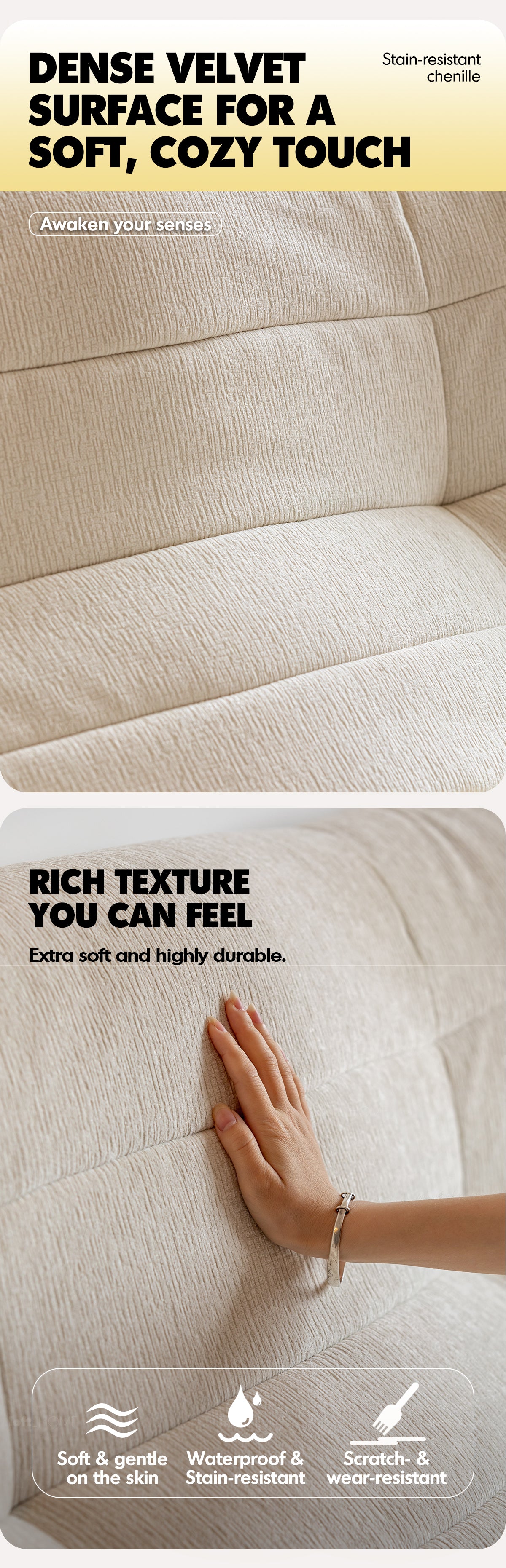 Cream Chenille Velvet Fabric 2 Seater Sofa CURLY Good to Know - 4