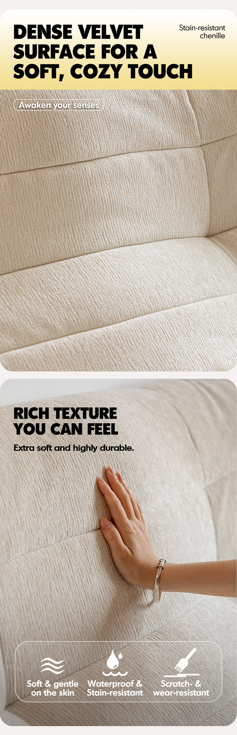 Cream Chenille Velvet Fabric 2 Seater Sofa CURLY Good to Know - 4